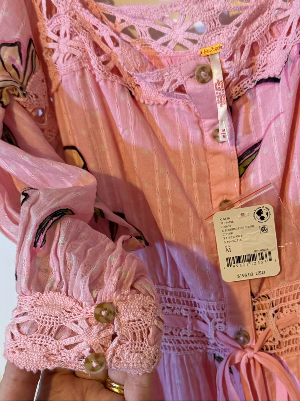 NEW Free People Pink Floral Maxi Dress, sleeves, size M, cotton, crochet detail - Picture 6 of 11
